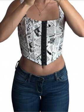Newspaper Print Corset Camisole - White/Black